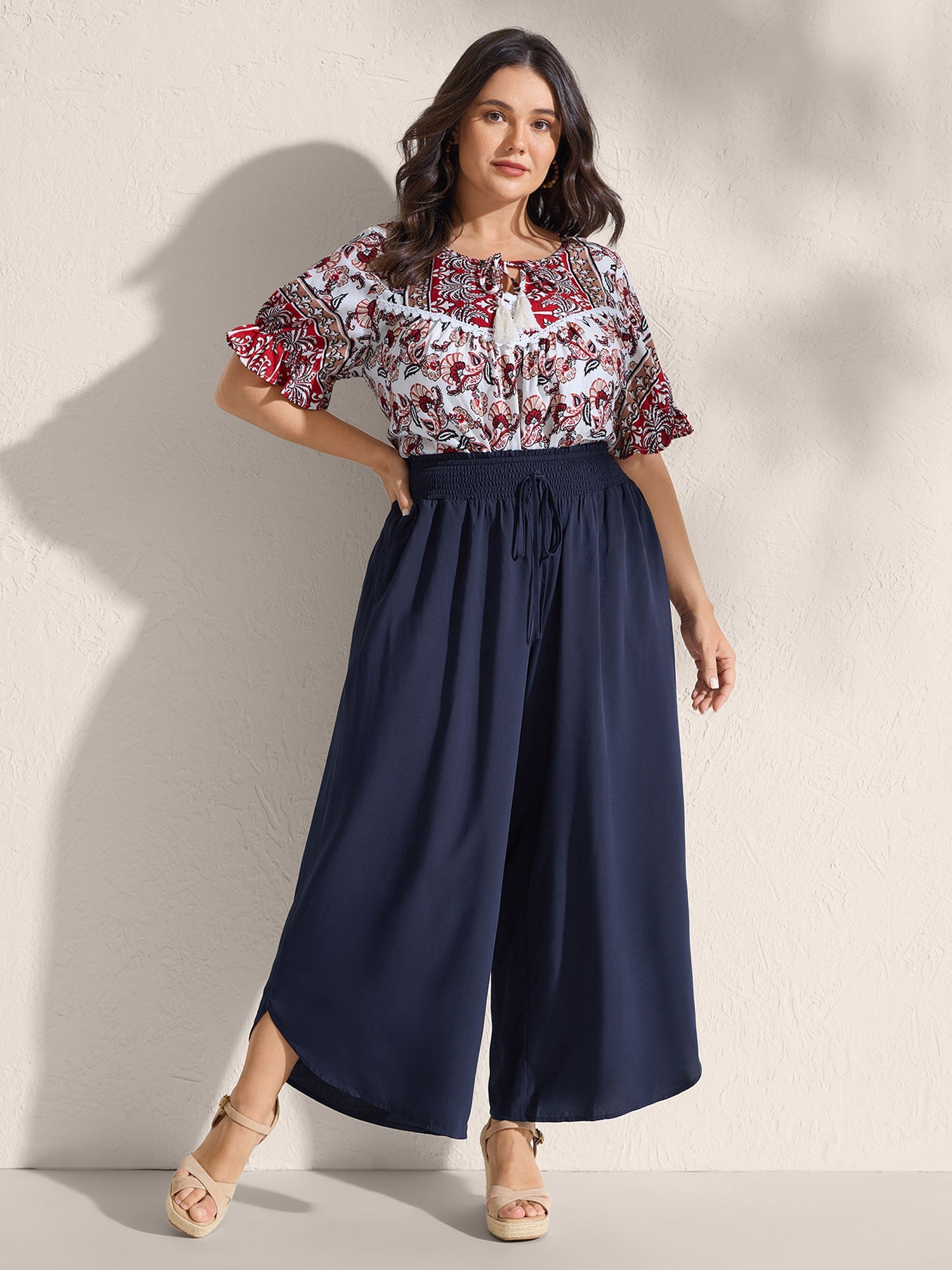 Shirred Waist Curvy Hem Wide-Leg Pants