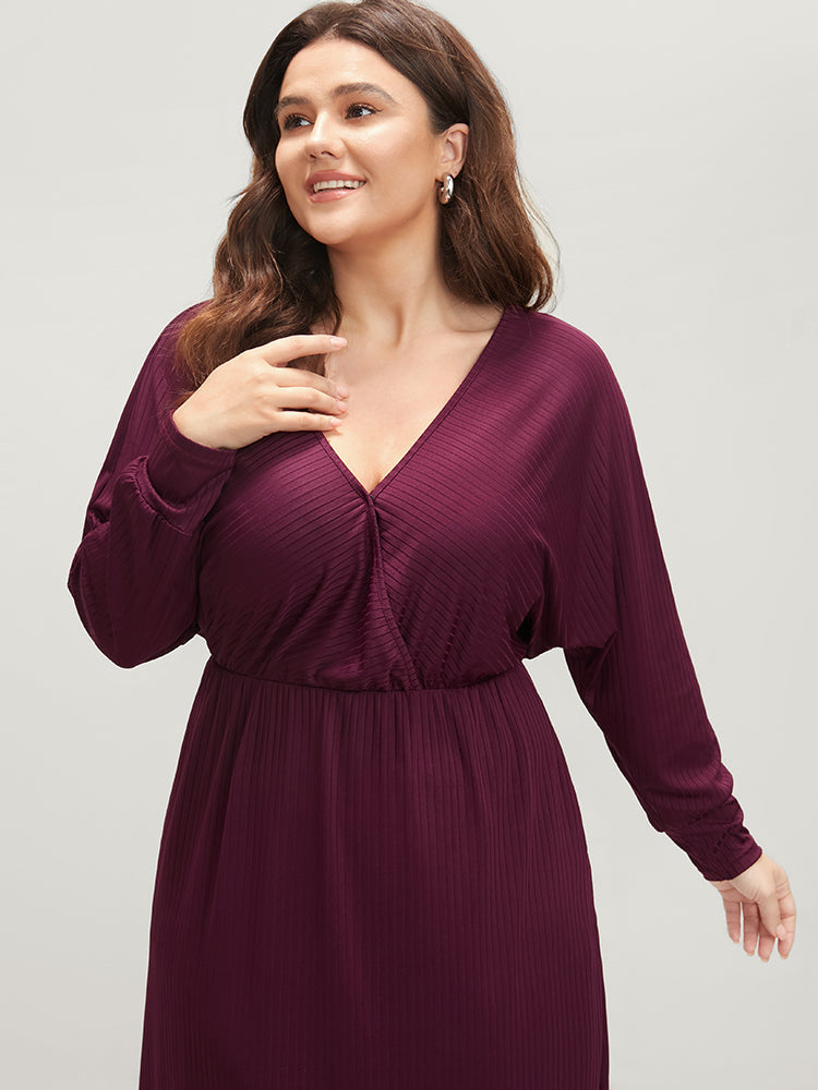 Solid Dolman Sleeve Pocket Rib Knit Wrap Dress