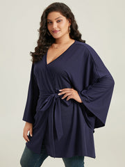 Plain Drape  Surplice Neck Belted Kimono