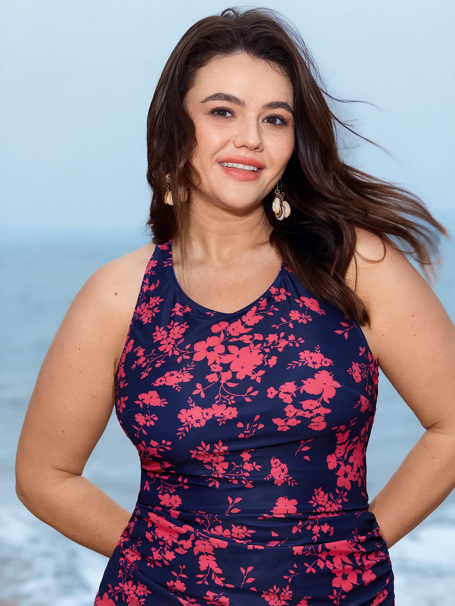 Floral Print Round Neck Shirred Swim Top