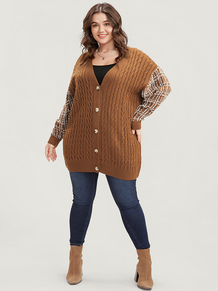 Gingham Contrast Soft Sexy Yarn Knit Cable Knit Button Front Cardigan