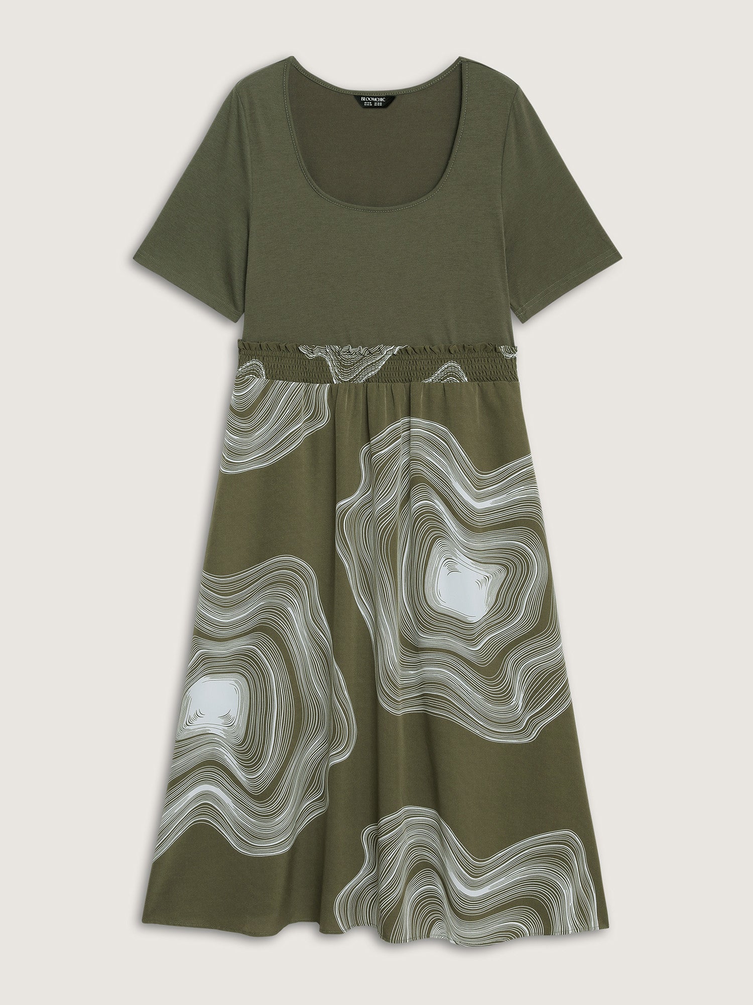 Abstract Print Contrast Shirred Waist Midi Dress