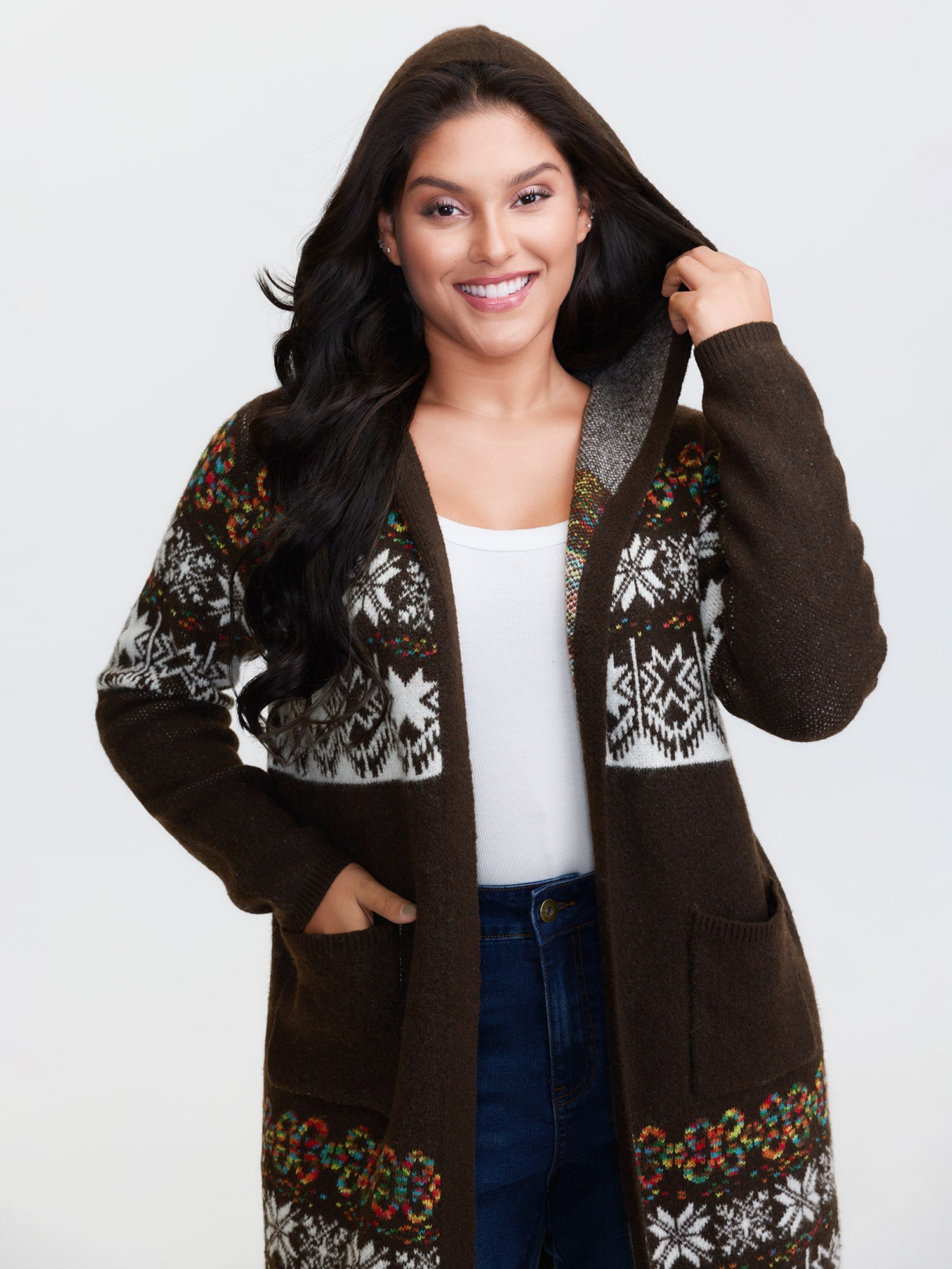 Boho Print Jacquard Hooded Knit Cardigan