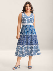 Shell Print Lace Trim Pockets Maxi Dress