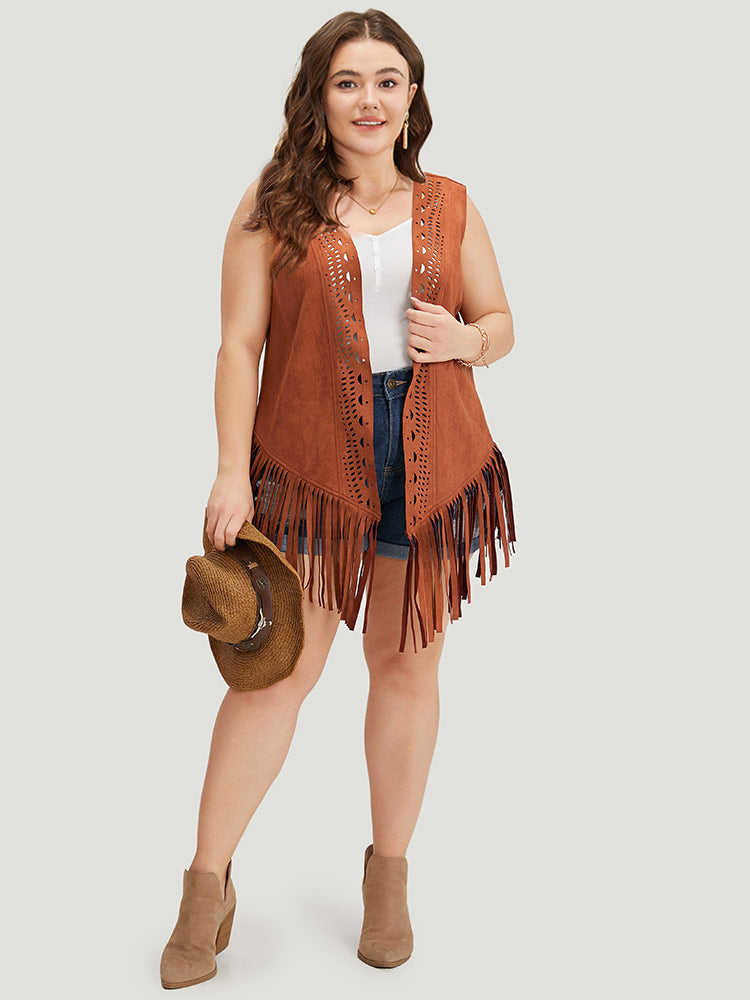 Plain Laser Cut Tassel Trim Sleeveless Kimono