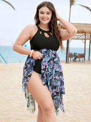 Floral Cut Out Halter Neck Hanky Hem Swim Dress