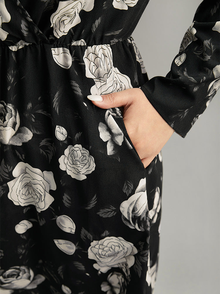 Floral Print Pocket Elastic Waist Wrap Dress