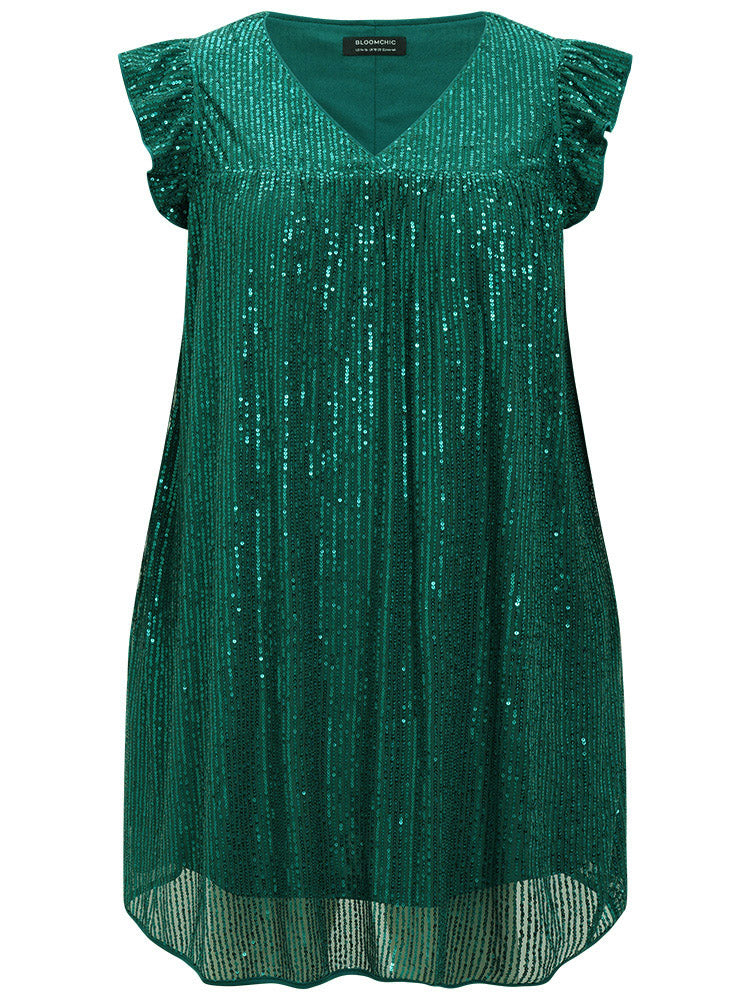 Sequin Mesh Pocket Cap Sleeve Ruffle Trim Dress