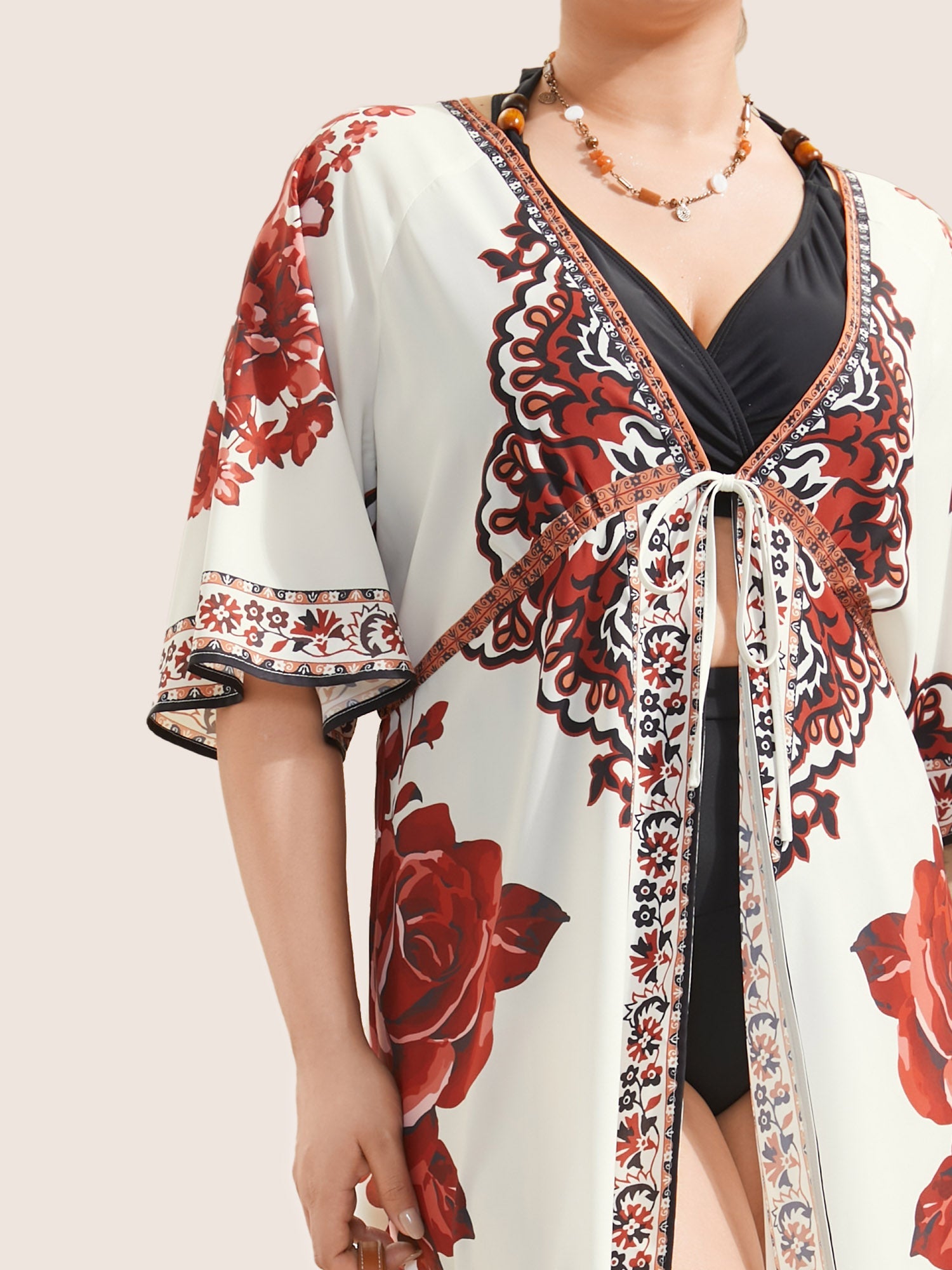 Boho Print Ties Raglan Sleeve Flutter Hem Kimono