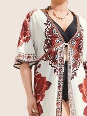 Boho Print Ties Raglan Sleeve Flutter Hem Kimono