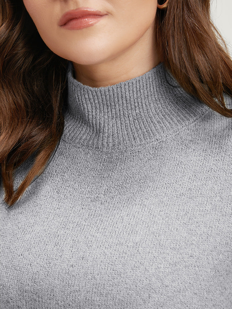 Solid Pointelle Knit Lantern Sleeve Mock Neck Heather Knit Top