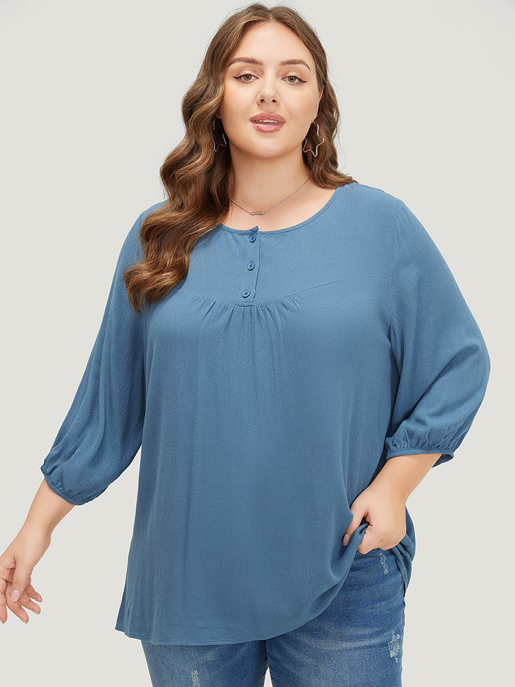 Plain Button Up Gathered Lantern Sleeve Blouse
