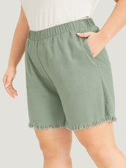 Solid Pocket Raw Edges Elastic Waist Shorts