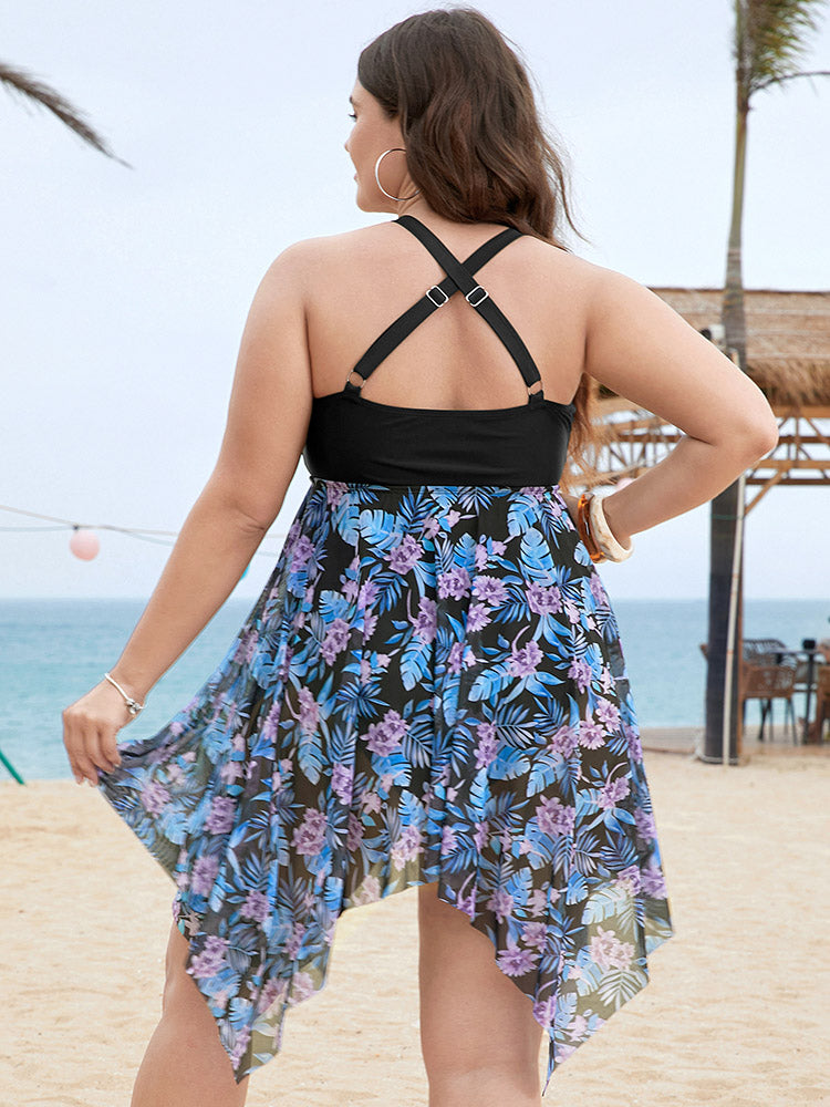 Floral Cut Out Halter Neck Hanky Hem Swim Dress