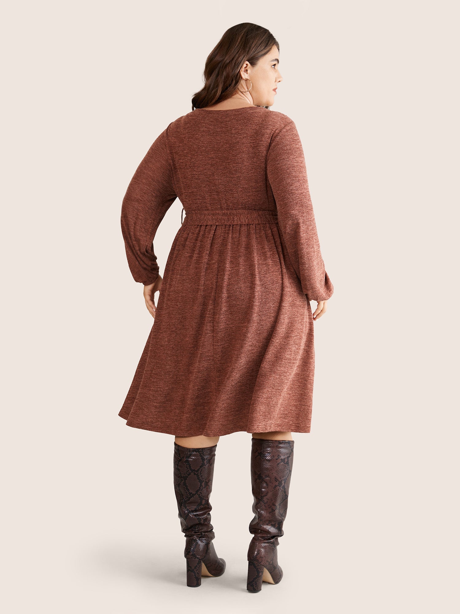 Solid Belted Elastic Cuffs Jacquard Dress