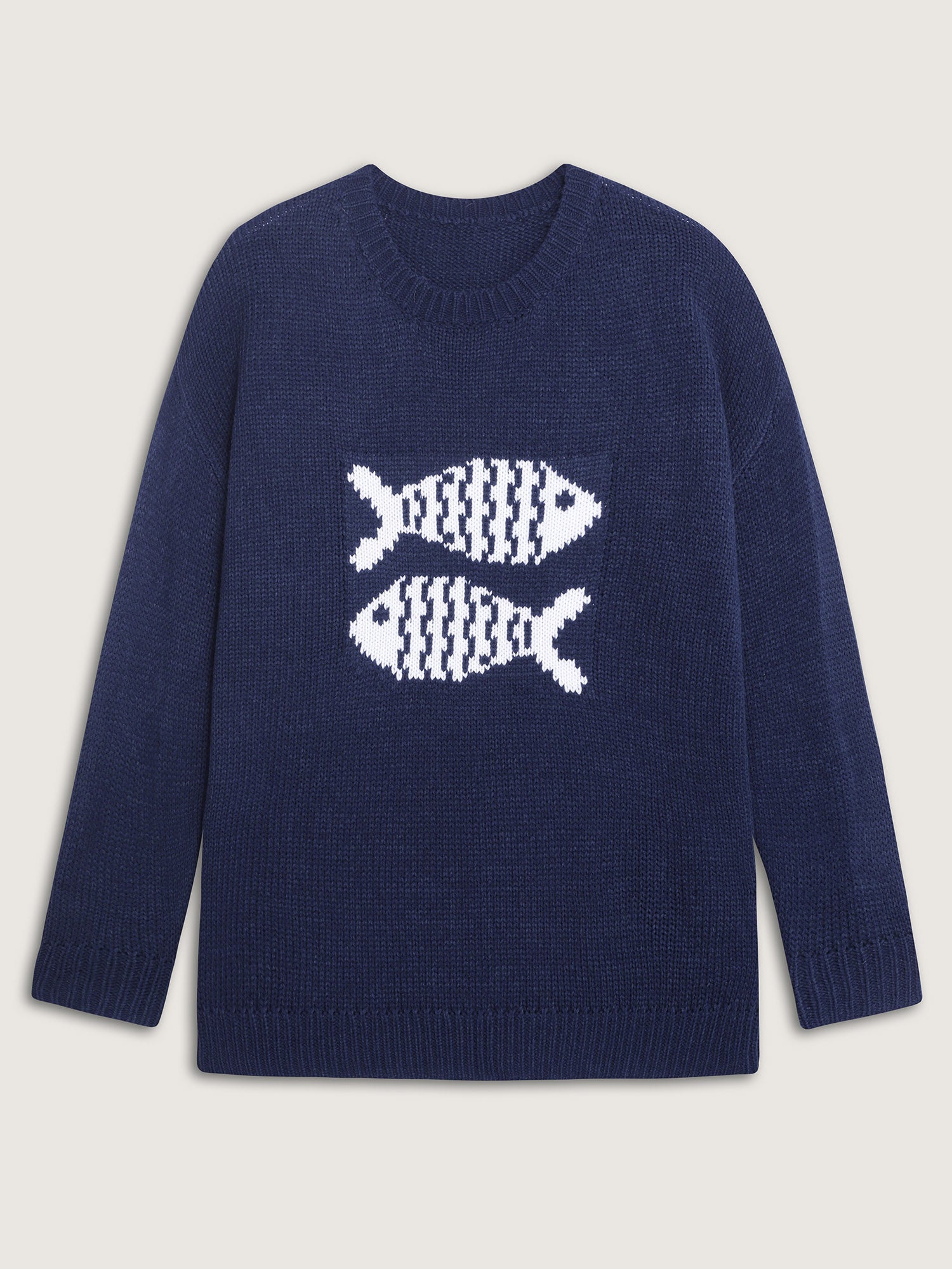 Fish Jacquard Print Round Neck Pullover