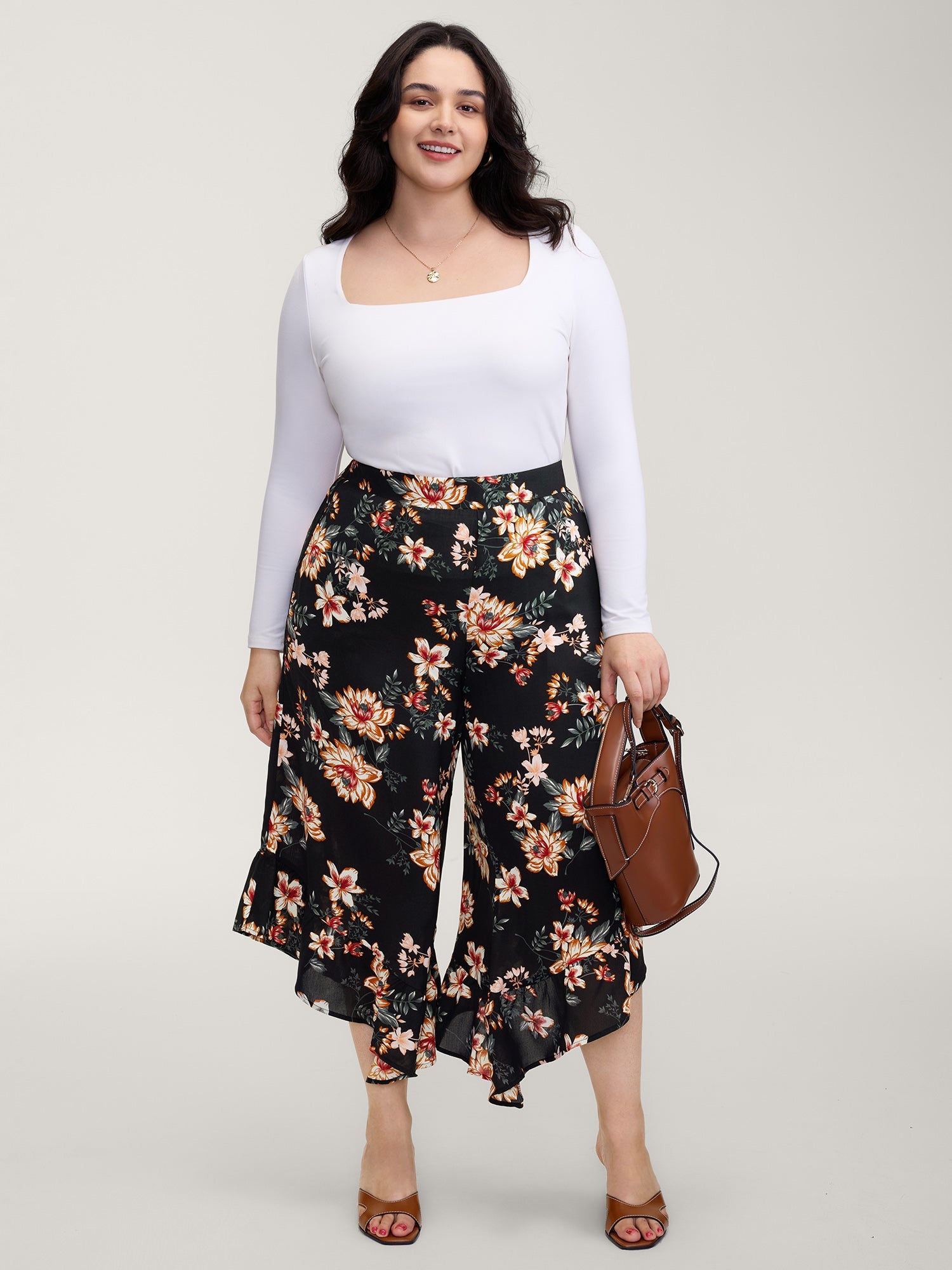 Floral Print Ruffled Wide-Leg Pants