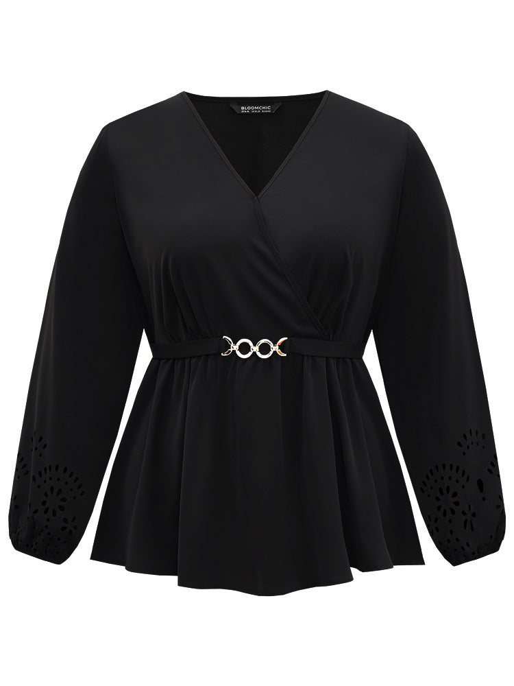 Plain Elastic Waist Buckle Detail Wrap Blouse