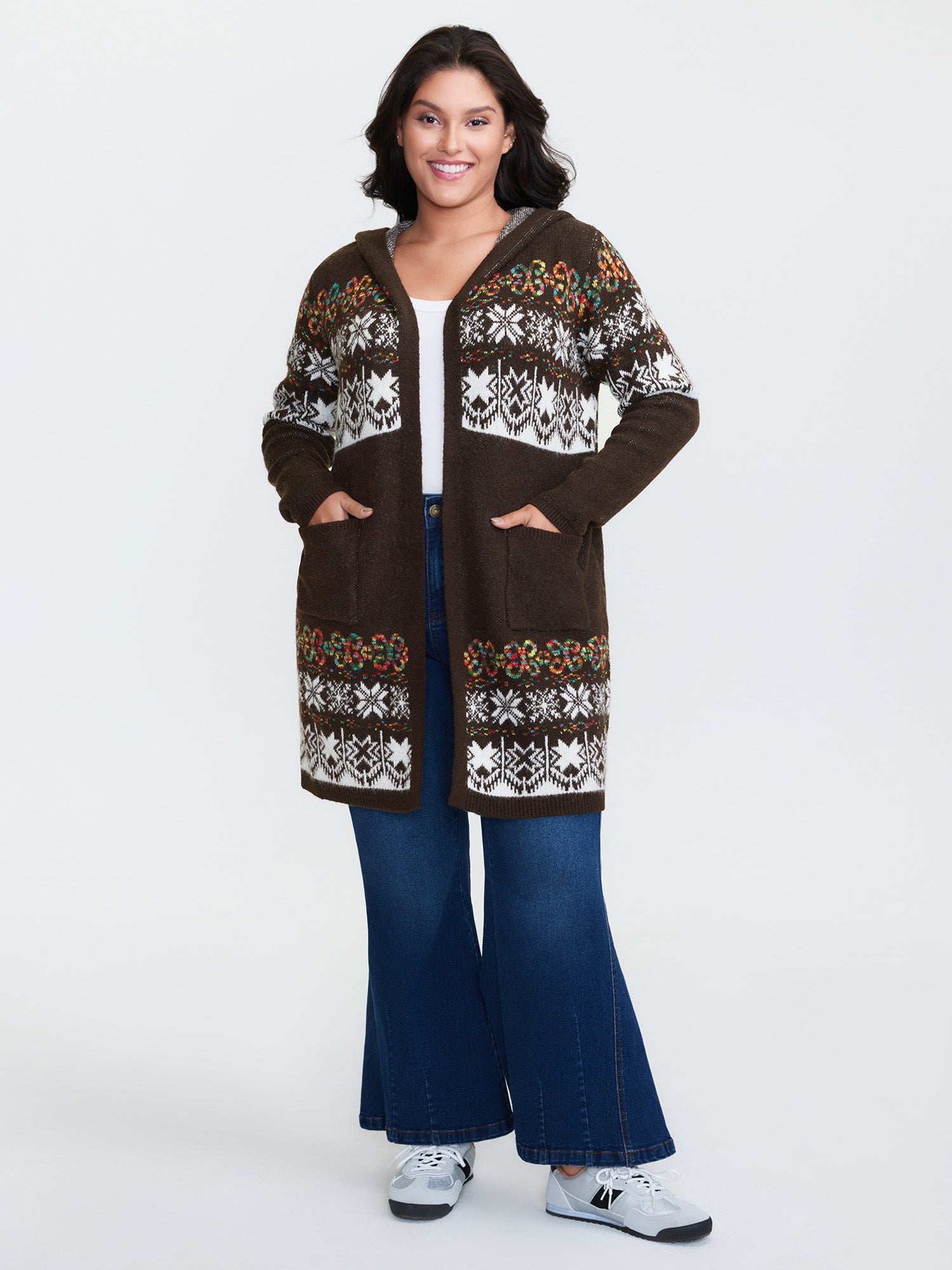 Boho Print Jacquard Hooded Knit Cardigan