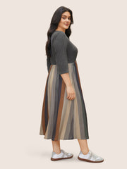 Solid Patchwork Pocket Striped Flutter Hem Dress