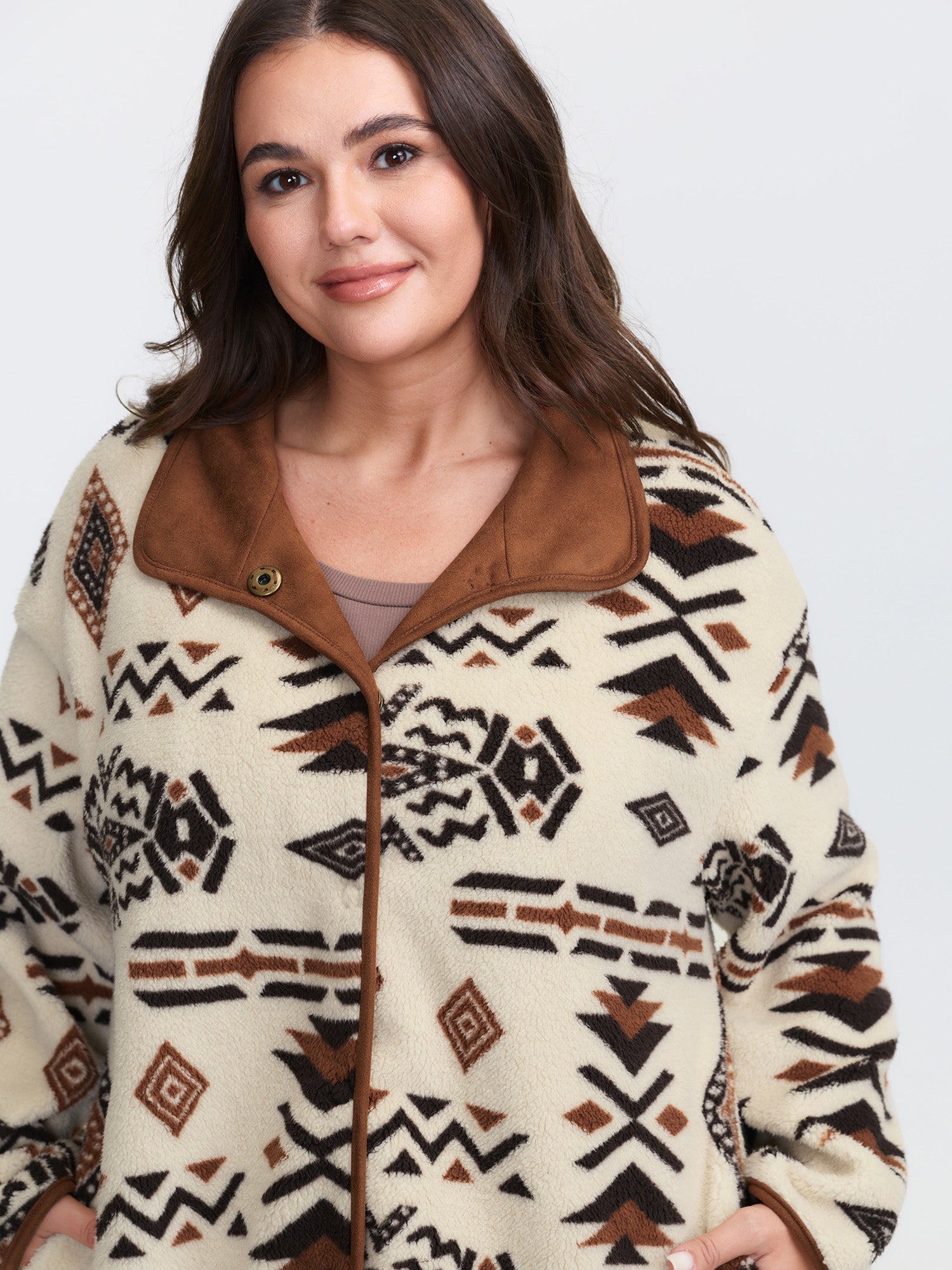 Suede Fleece Mix Geometric Print Jacket