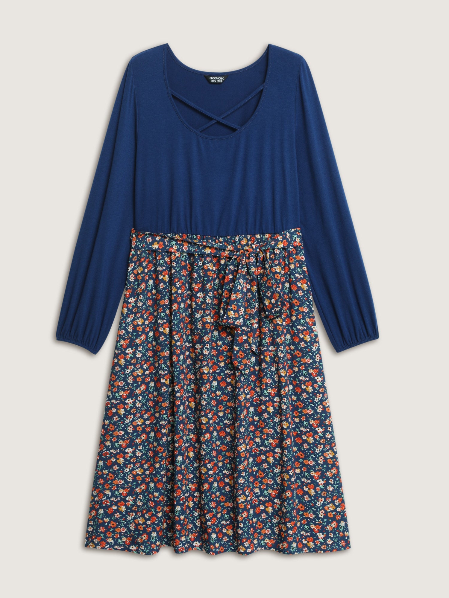 Floral Patchwork Pockets Belted Midi Dress