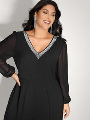 Sequin Neckline Petal Flowy Hem Jumpsuit