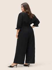 Solid Texture Heart Buckle Detail Belted Jumpsuit