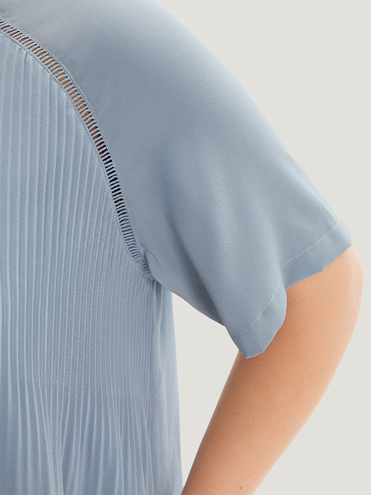 Solid Pleated Raglan Sleeve Patchwork Blouse