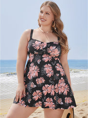 Floral Print Gathered  Adjustable Straps Swim Dress