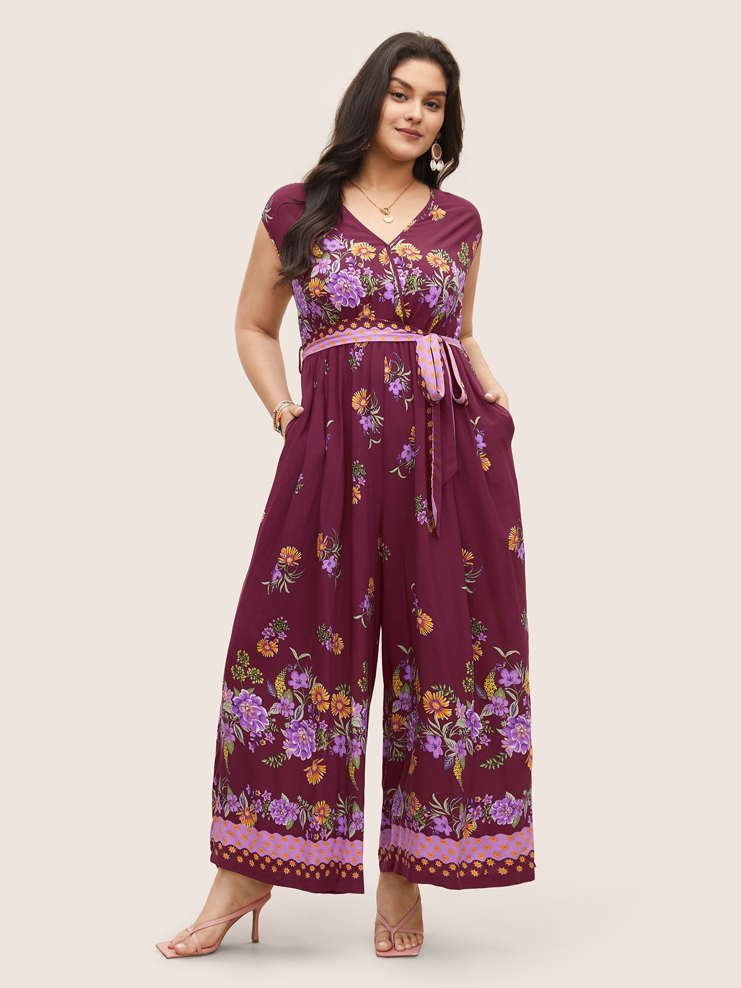 Boho Print Overlap Collar Belted Sleeveless Jumpsuit