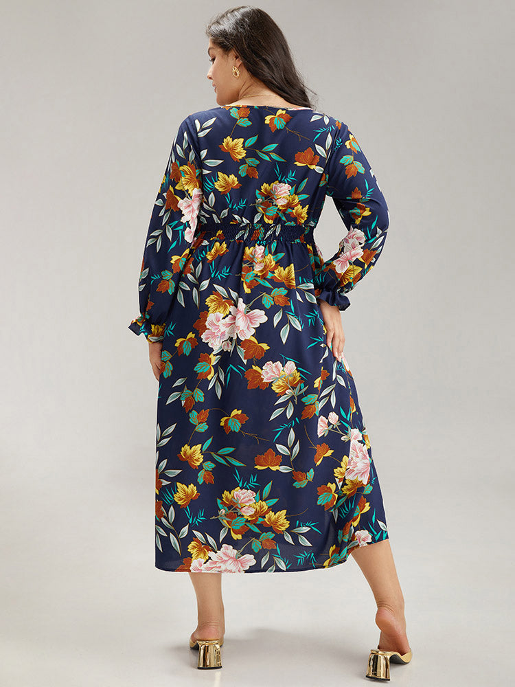 Floral Print Split Side Ruffle Trim Dress