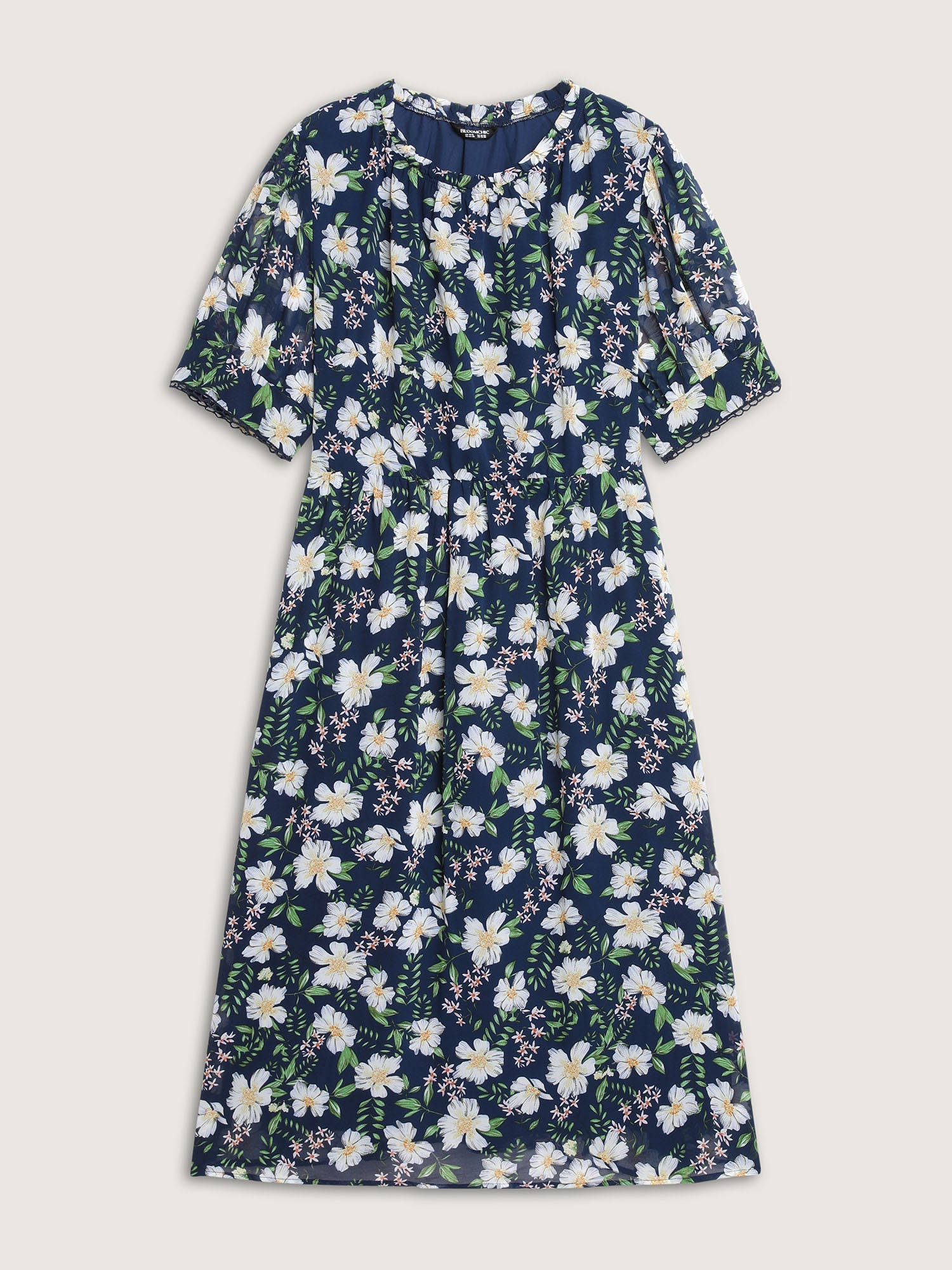 Floral Print Stretchy Waist Lace Midi Dress