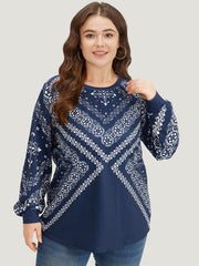 Scarf Print Round Neck Elastic Cuffs Sweatshirt