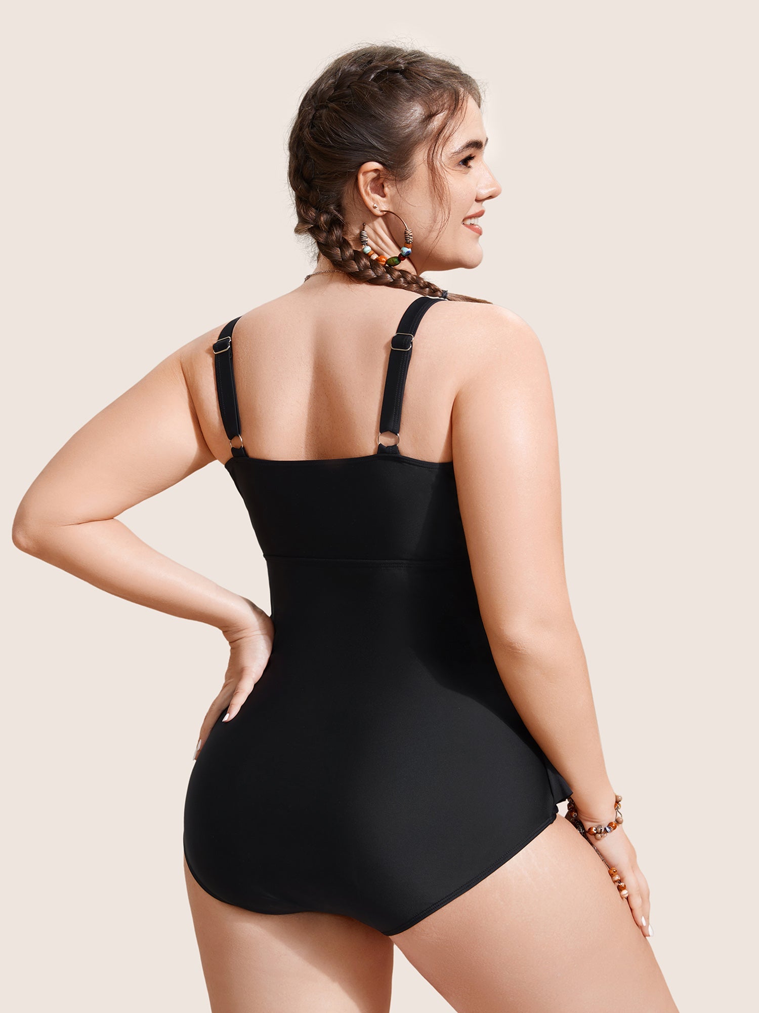 Solid Tiered Ruffles Ruched One Piece Swimsuit