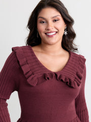 Supersoft Ruffled Neckline Cinched-Waist Sweater Dress