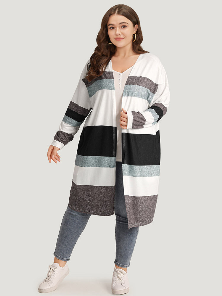 Striped Contrast Pocket Open Front Kimono
