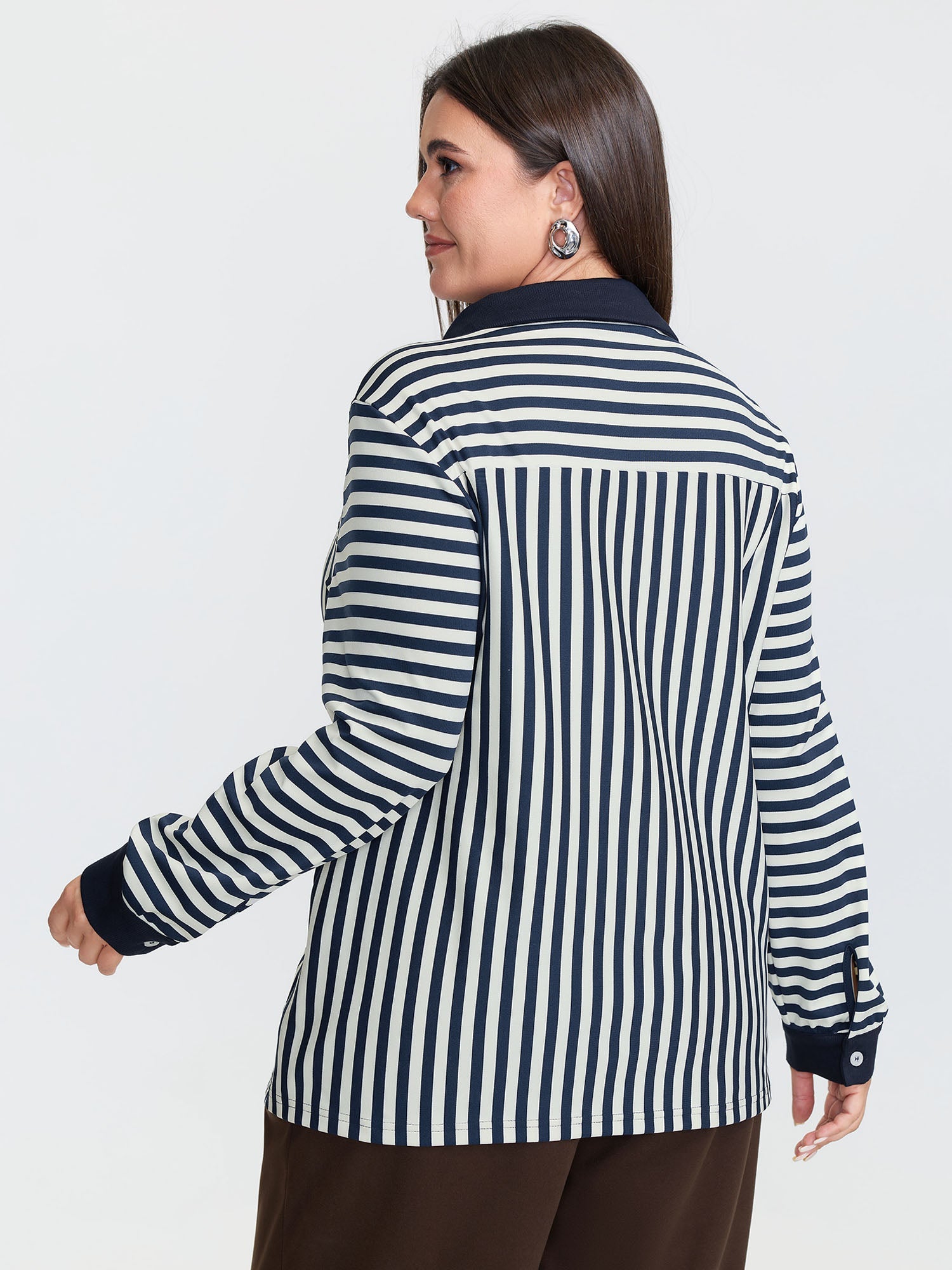 Striped Stretchy Color Contrast Button-Down Top