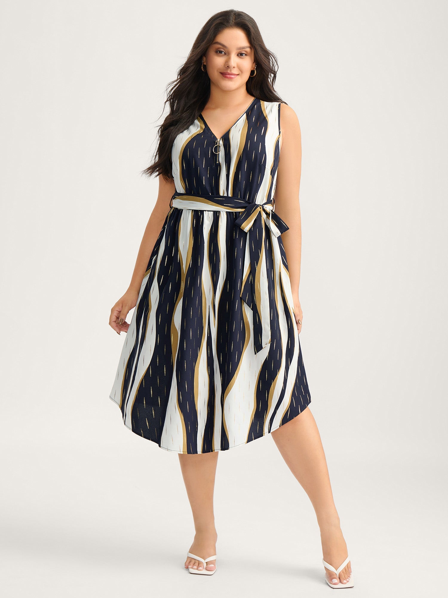 Gold Stamp Wavy Striped Lined Midi Dress