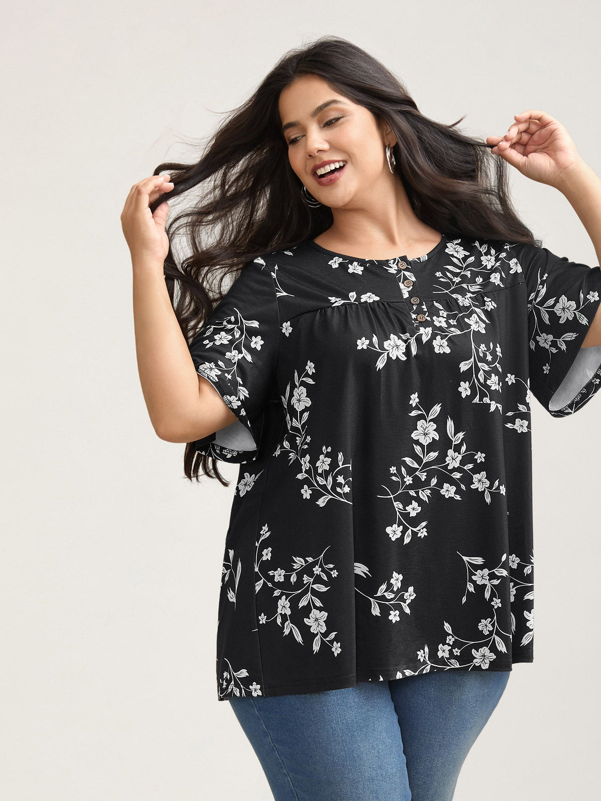 Floral Print Button Placket Pleated T-Shirt