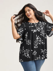 Floral Print Button Placket Pleated T-Shirt