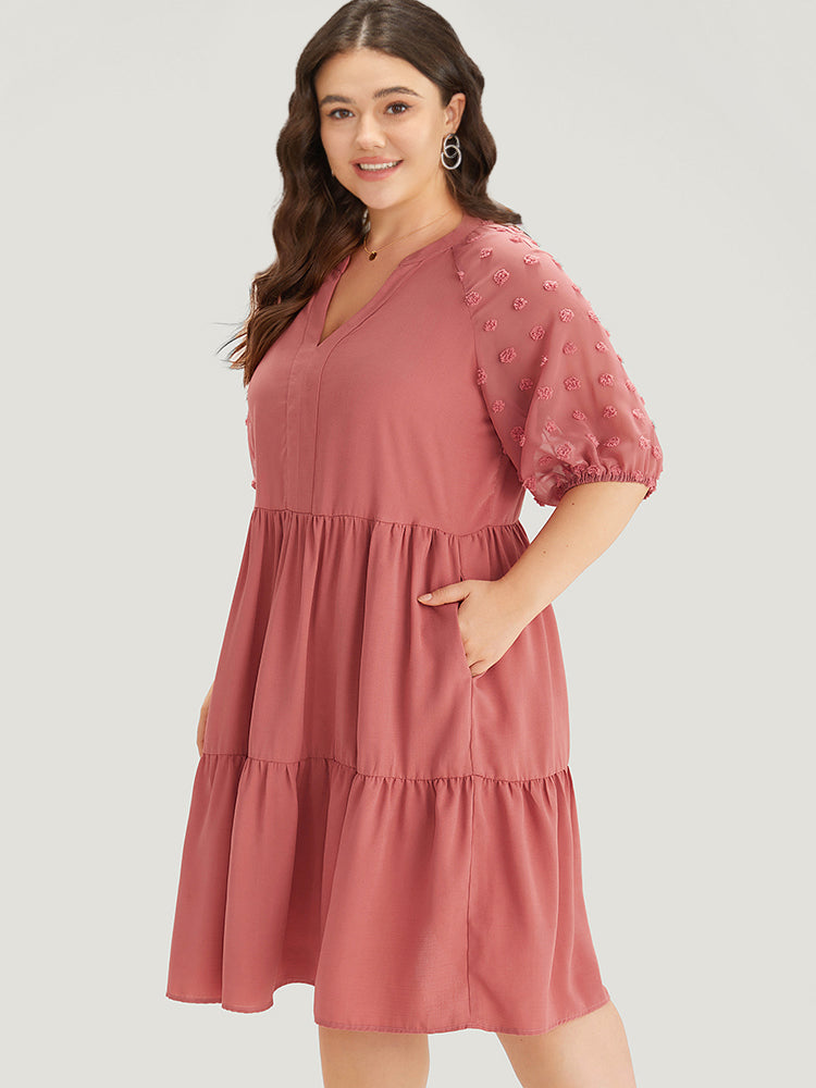 Solid Notched Lantern Sleeve Ruffle Layered Hem Dress