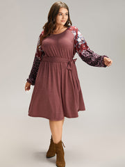 Floral Leopard Patchwork Belted Lantern Sleeve Dress