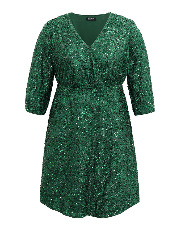 Sequin Overlap Collar Elastic Waist Knee Dress