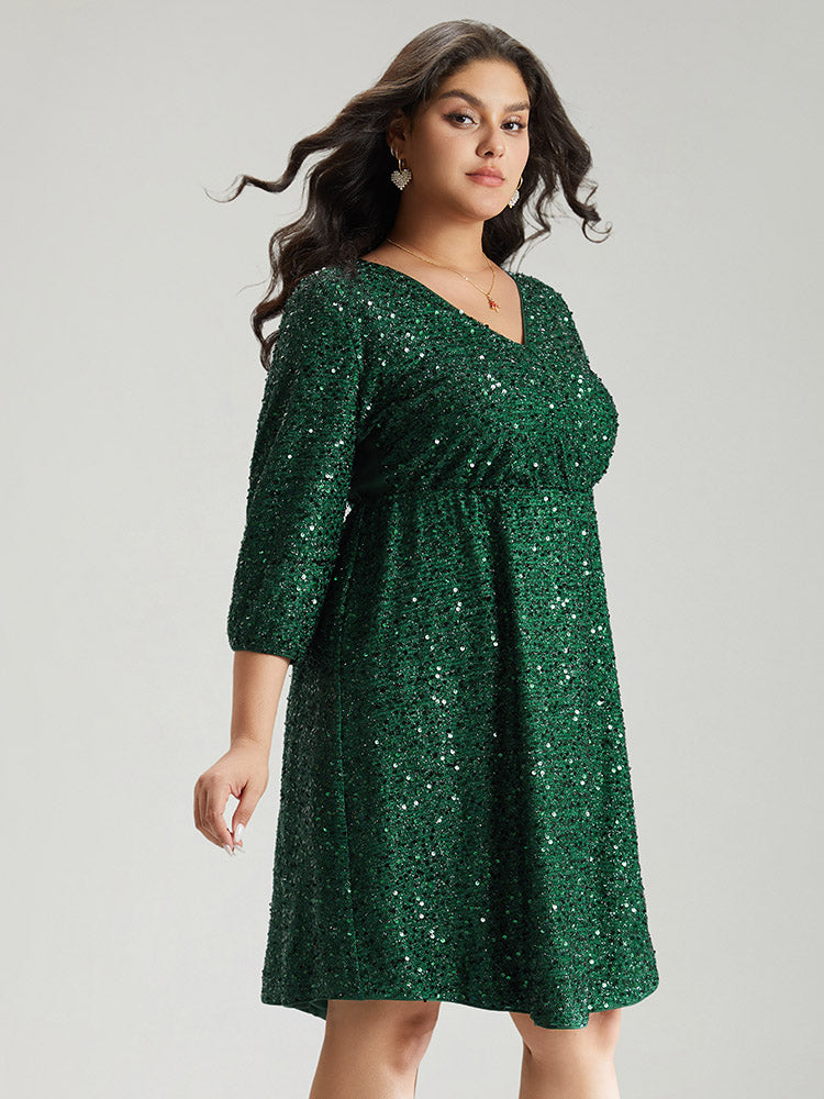 Sequin Overlap Collar Elastic Waist Knee Dress