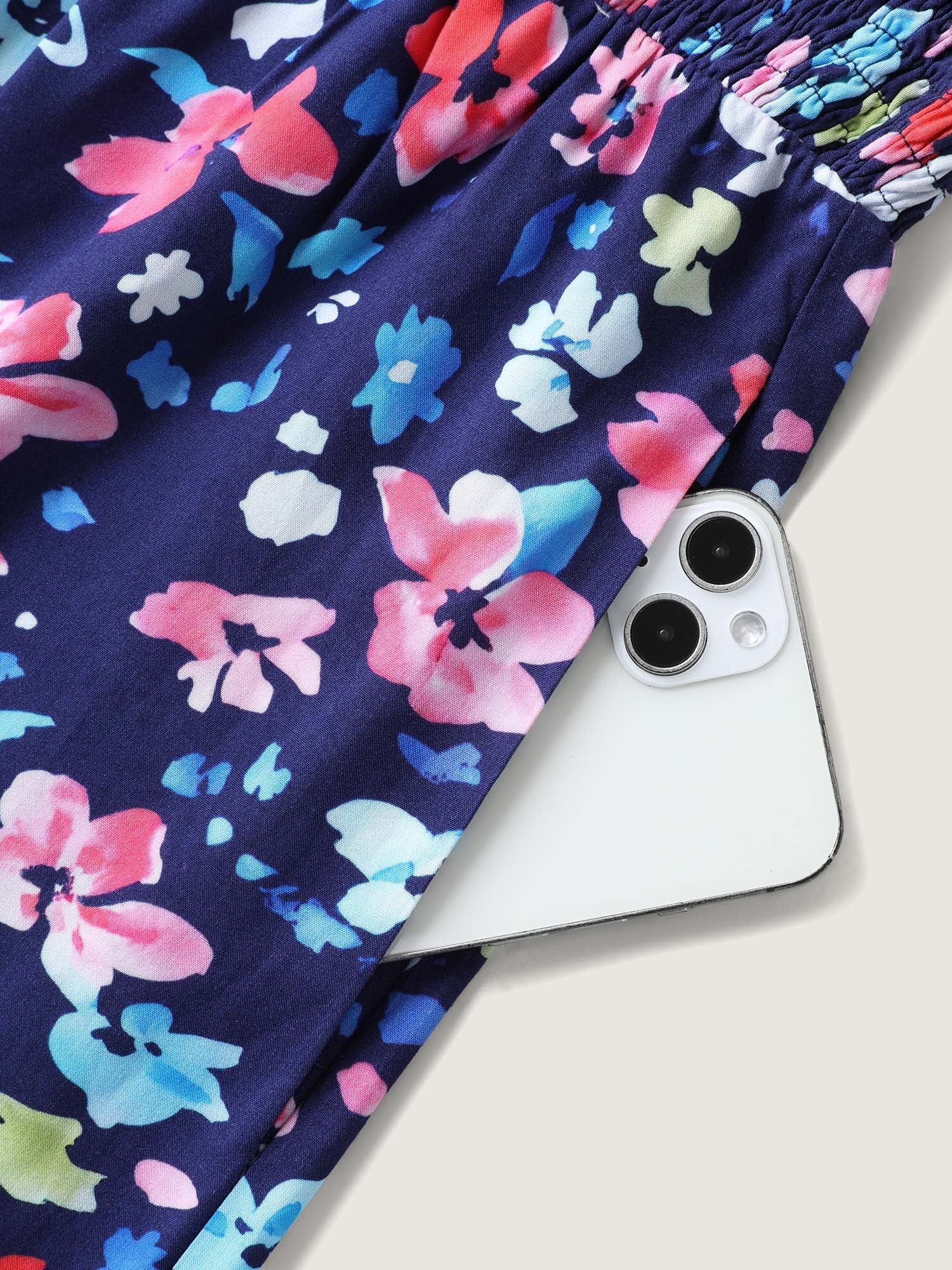 Floral Color Contrast Shirred Jumpsuit