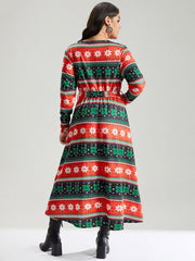 Snowflake Print Contrast Belted Surplice Neck Dress