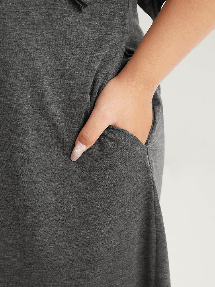 Solid Round Neck Pocket Beaded Webbing Ruffle Trim Dress