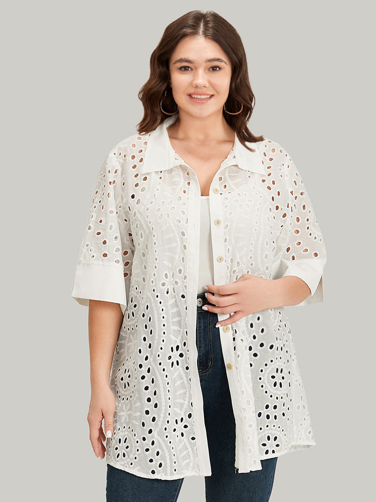 Plain Shirt Collar Broderie Anglaise Open Front Kimono