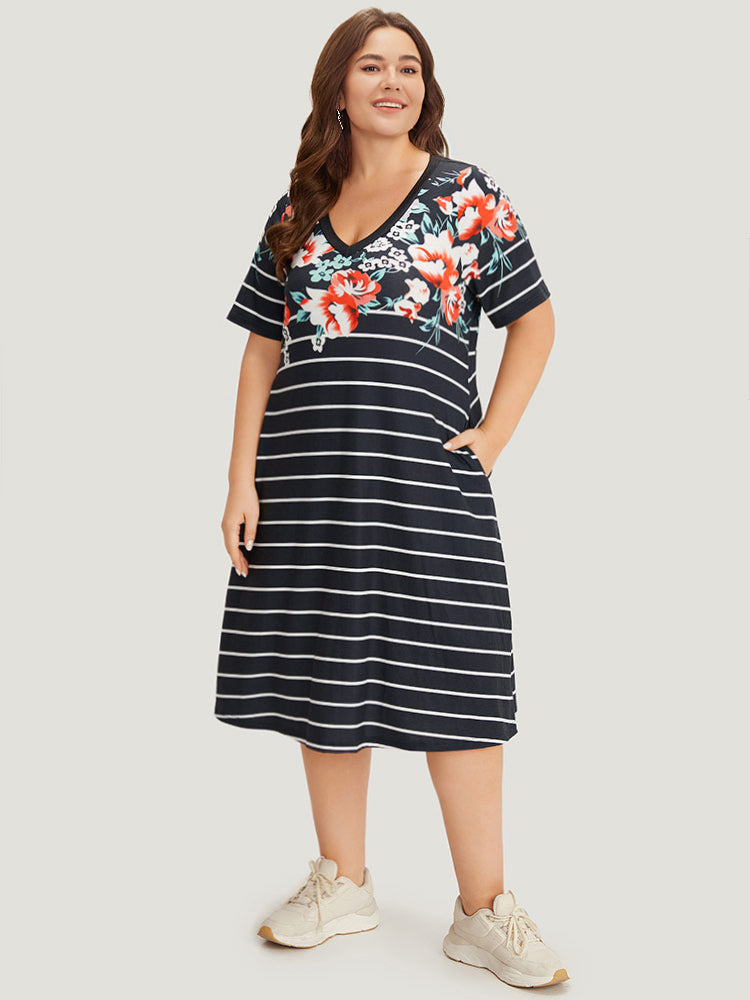 Floral & Striped Print Pocket V Neck Dress